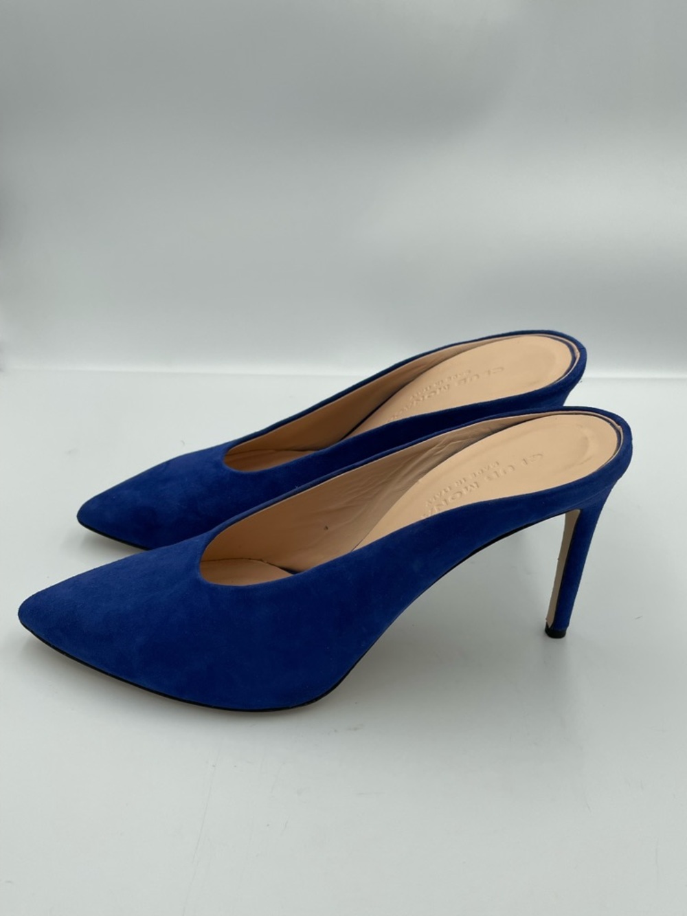 Club Monaco Blue Suede Mule Heels Pointed Toe Stiletto Slip On Pumps Size 38 - Picture 2 of 8